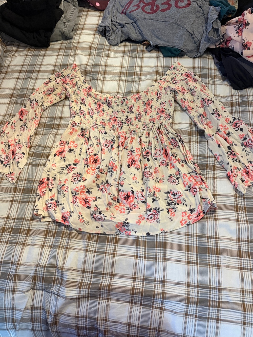Torrid Floral Off-Shoulder Smocked Peasant Top - Cream with Pink Floral